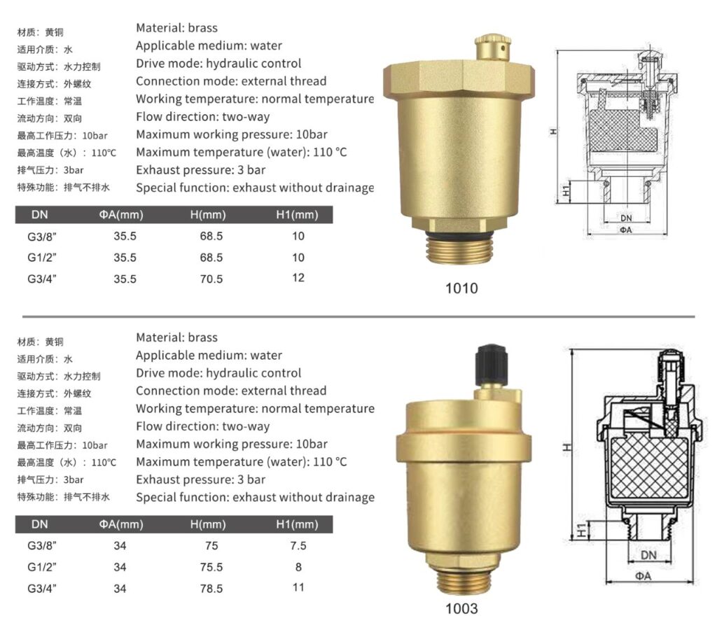 automatic air vent working specifications and sizes