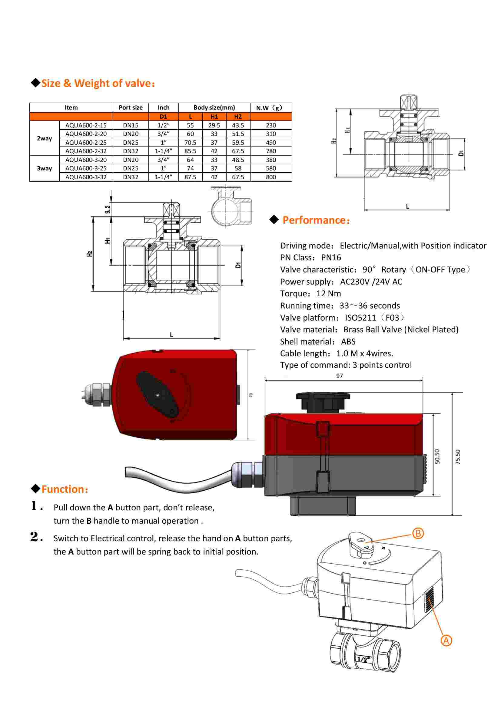electrical motorized ball vale 2way and 3 way