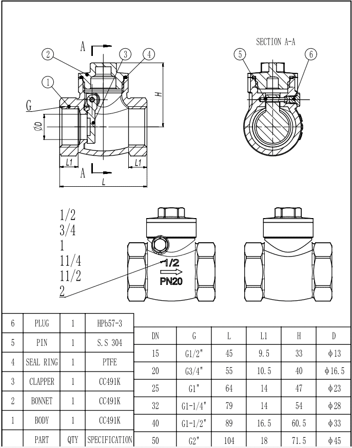 bronze check valve drawing