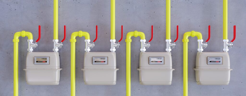 natural gas valve meter and yellow pipeline for household energy