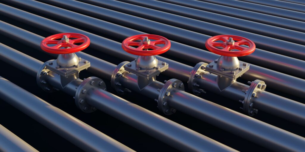 Pipeline faucet, pipe and valve for natural gas, close up, Industrial steel piping system. 3d