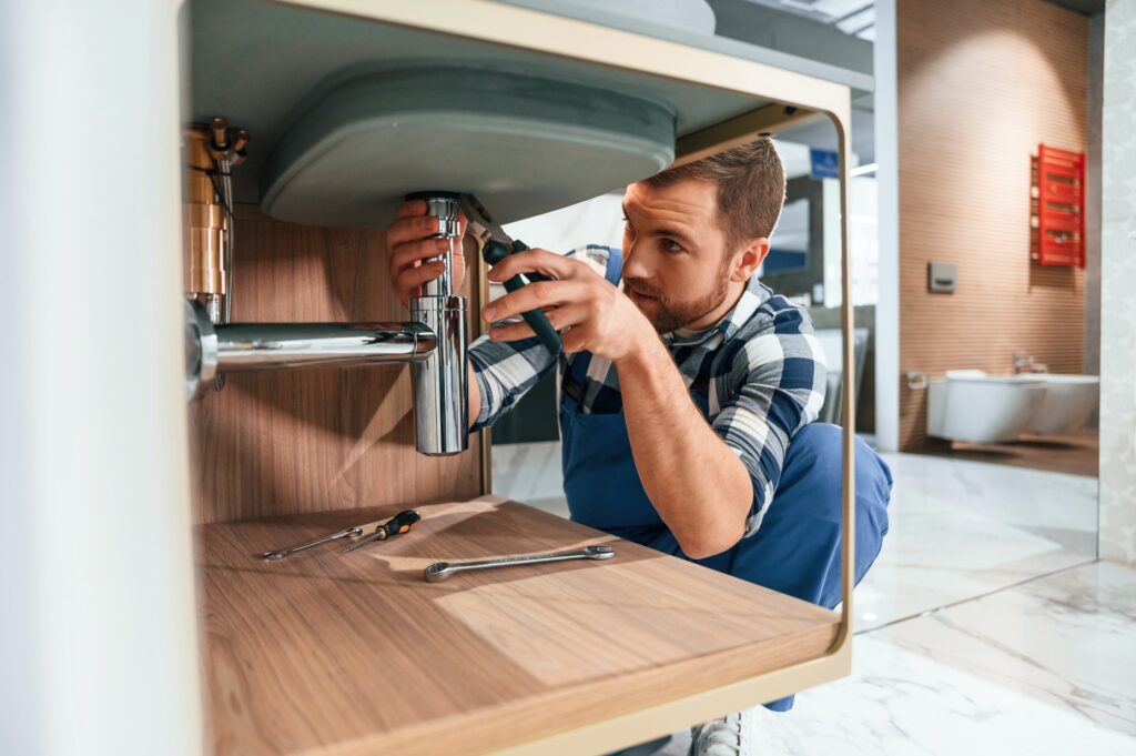 Busy worker in blue uniform is in the bathroom